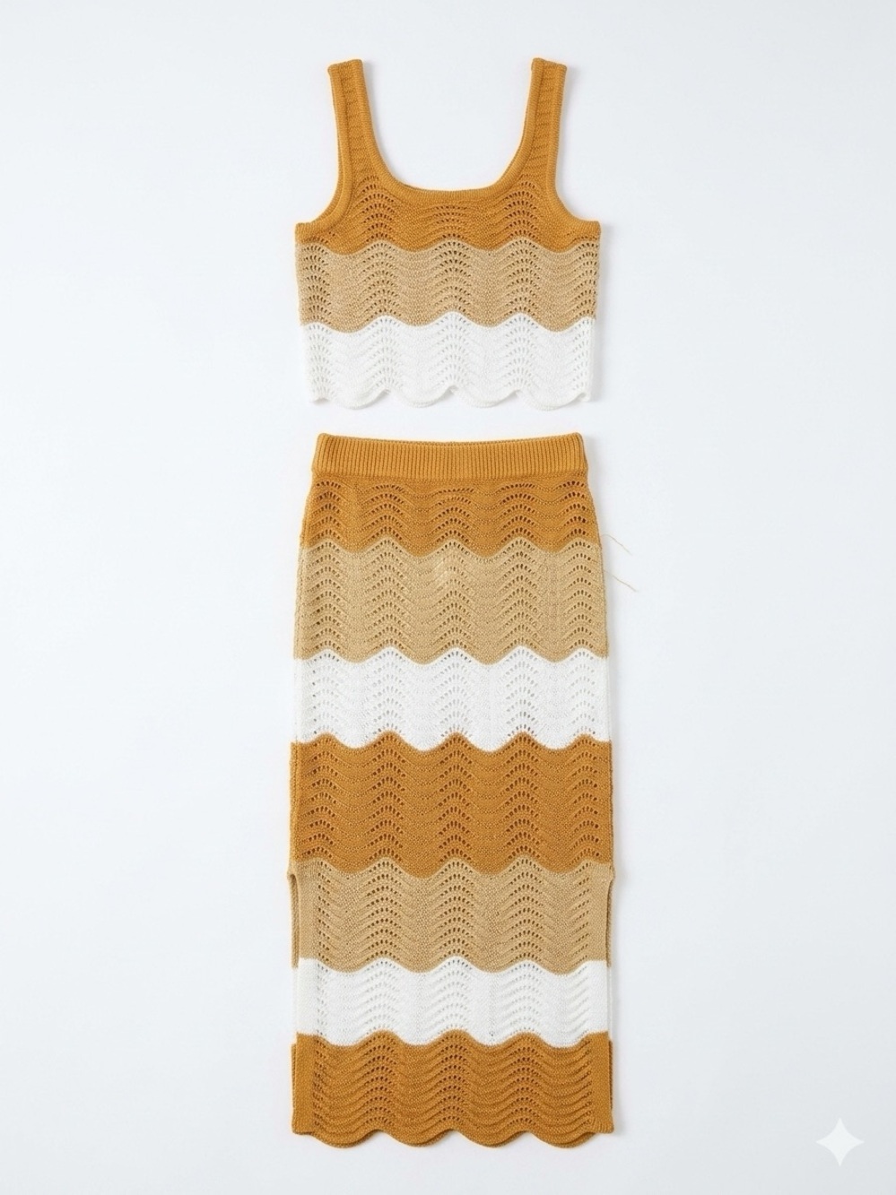 Boho Crochet 2 Piece Set Knit Maxi Skirt Crop Top Co Ord Chevron Matching M L S - Picture 2 of 7